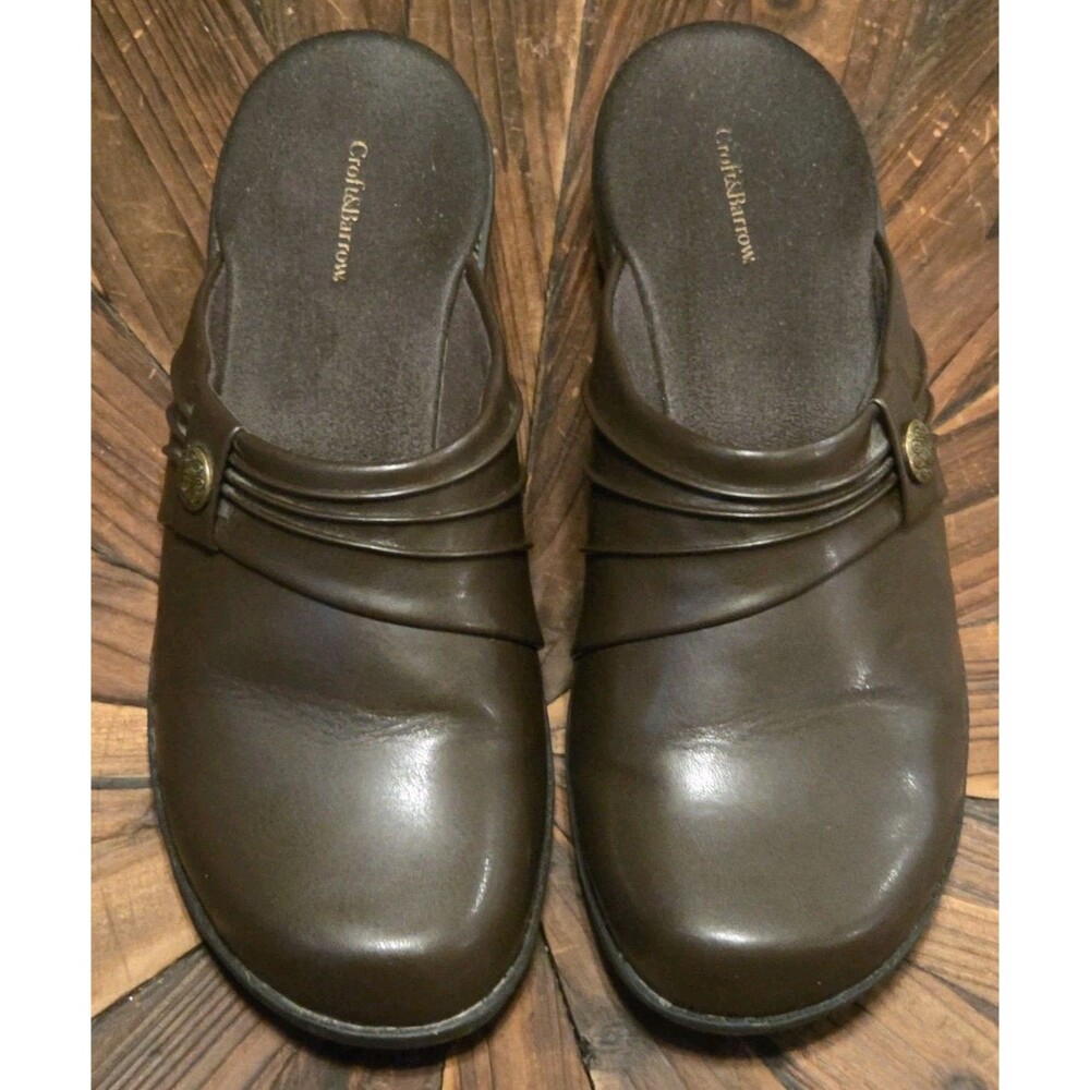 Croft & Barrow Women's Brown Leather Comfort Clog Mules Slip-On Round Toe Sz 8M
